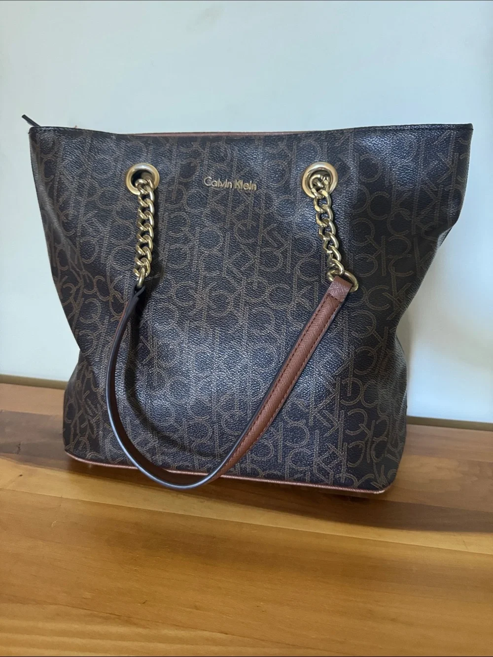 Calvin Klein Brown Monogrammed Double Strap Shoulder Bag